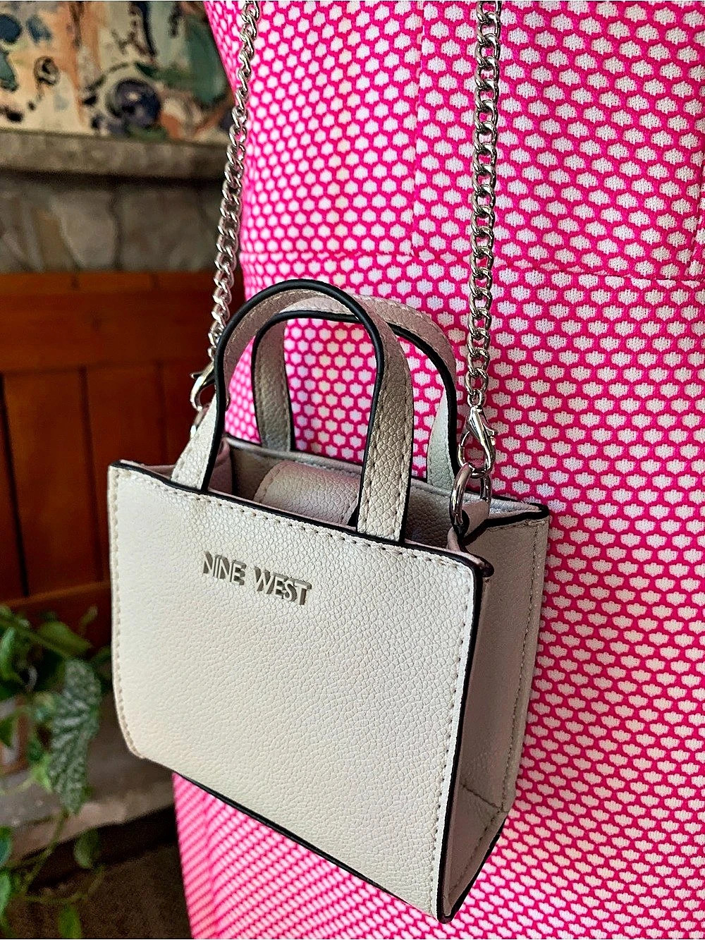 Nine West Mini Tote Crossbody Bag Leather Cream Silver Chain